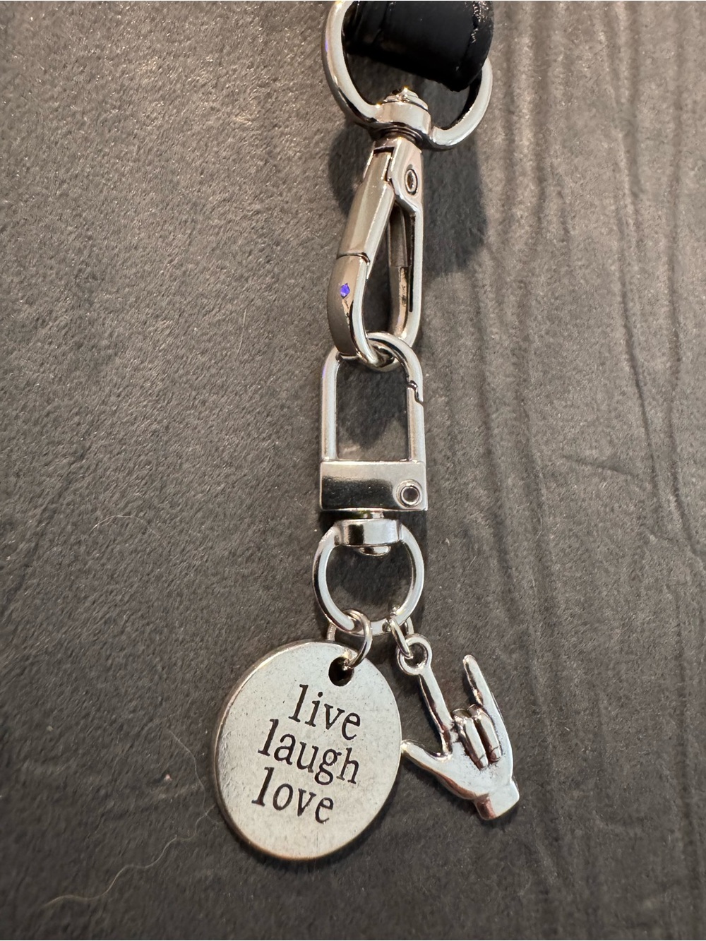 Bandolier Silver Keychain with Live Laugh Love and Hand Charm